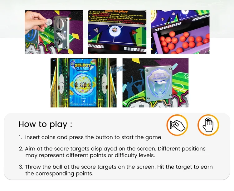 Ball throwing machine coin controls, ball storage and gameplay instructions