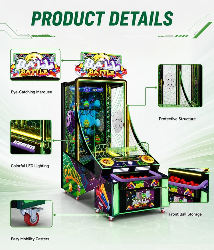Ball throwing machine details including marquee, LED lighting, casters and ball storage
