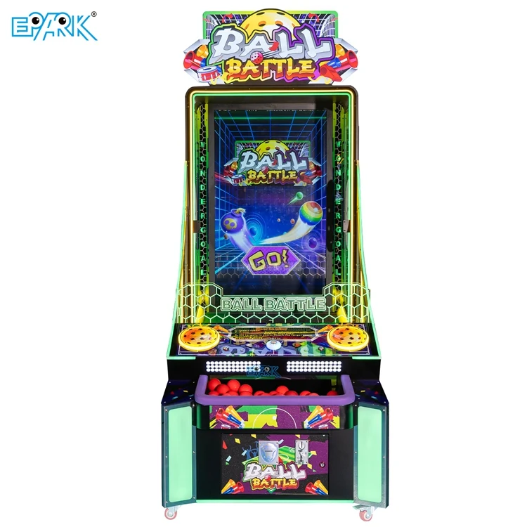 Front view of a ball throwing ticket machine with a vertical display