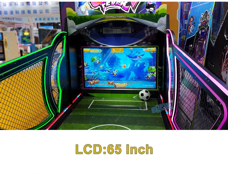 Three 65-inch soccer game scenes including penalty shootout and target challenges