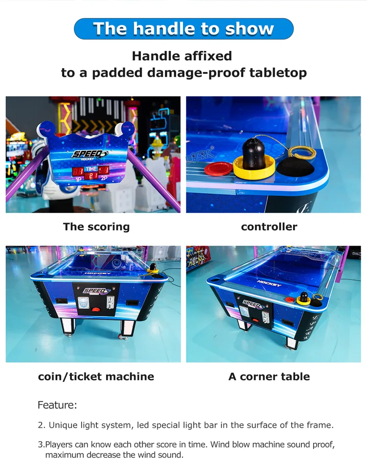 Score display, striker and cabinet details on the arcade air hockey table