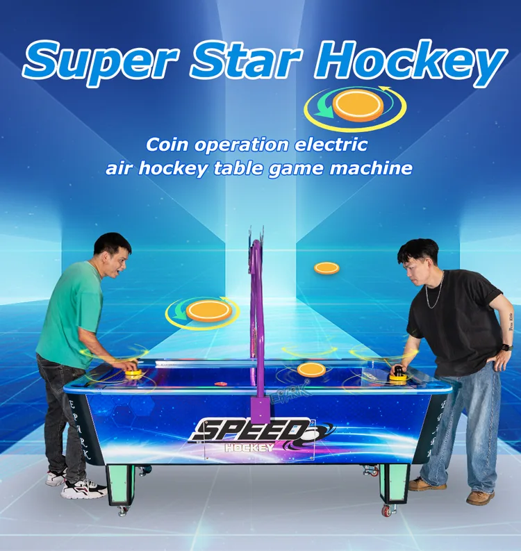 Two players competing on the overhead scoring air hockey table