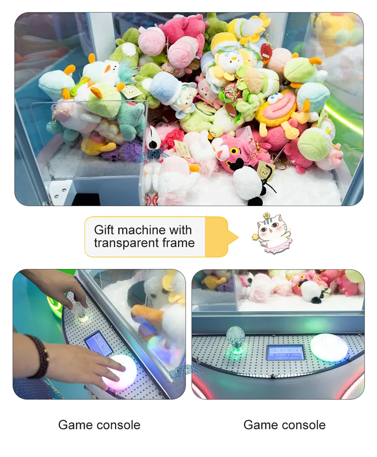 Transparent prize chamber and control console details on the cat-themed claw machine