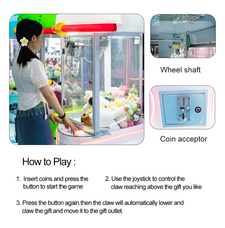 Cat-themed claw machine controls, mechanical claw and prize outlet instructions