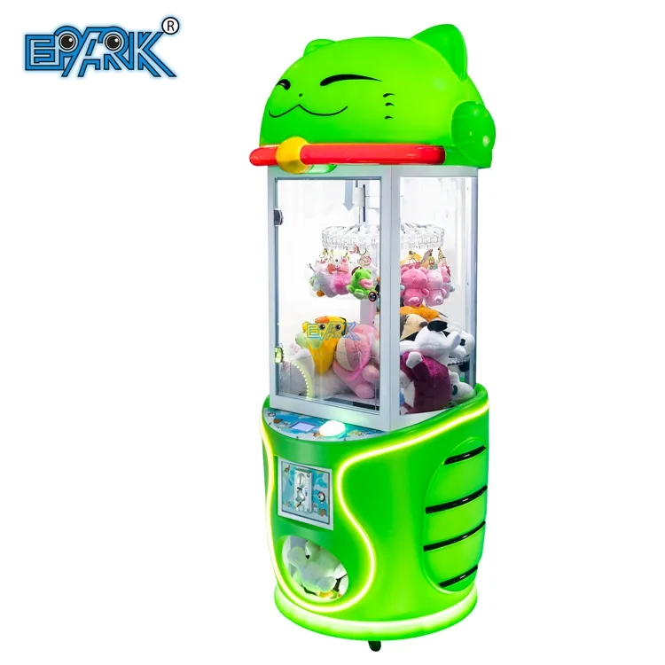 Green cat-themed prize clip vending machine with a transparent gift chamber