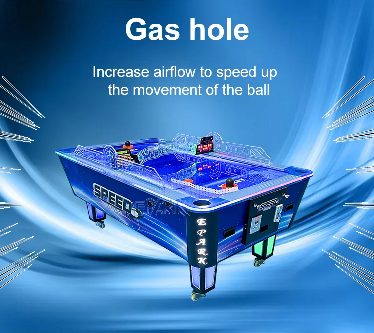 Airflow holes and illuminated cabinet detail on the air hockey table