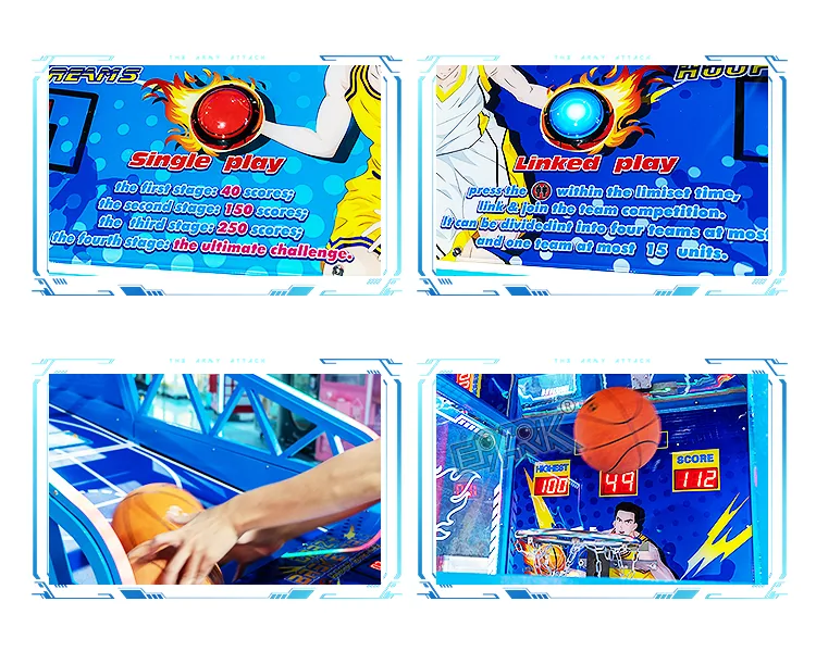 Basketball arcade game screens, control buttons and scoring play details