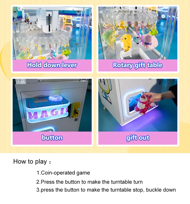 Button, rotary gift table and prize outlet instructions for the compact clip machine