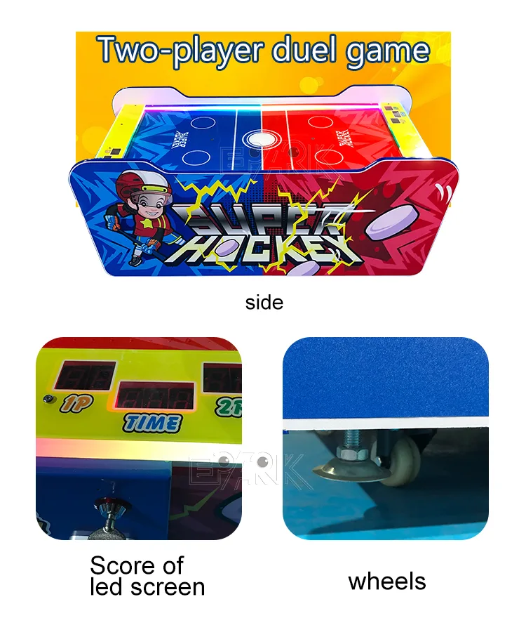Score display, cabinet side and playfield details on the compact air hockey table
