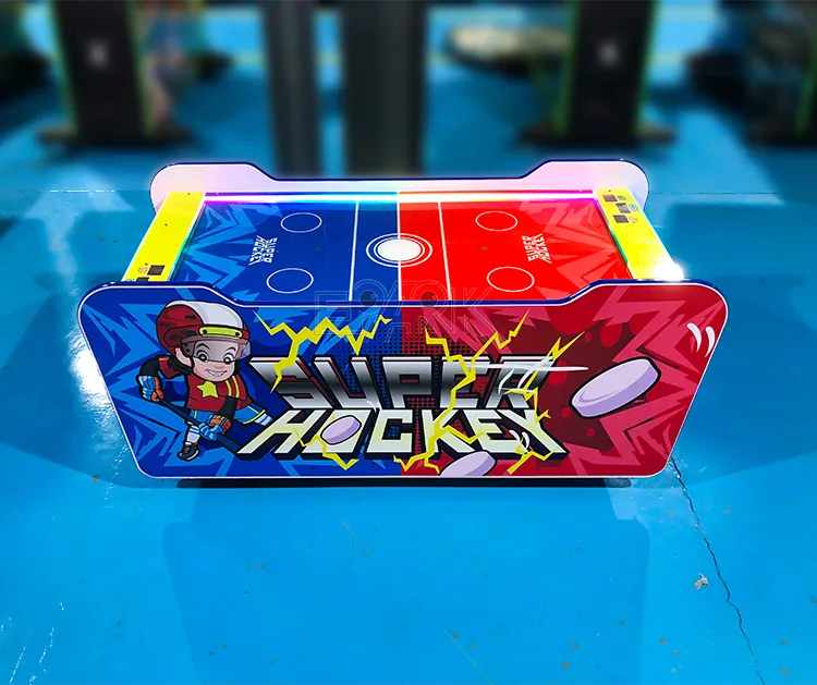 Compact two-player air hockey table in an arcade showroom