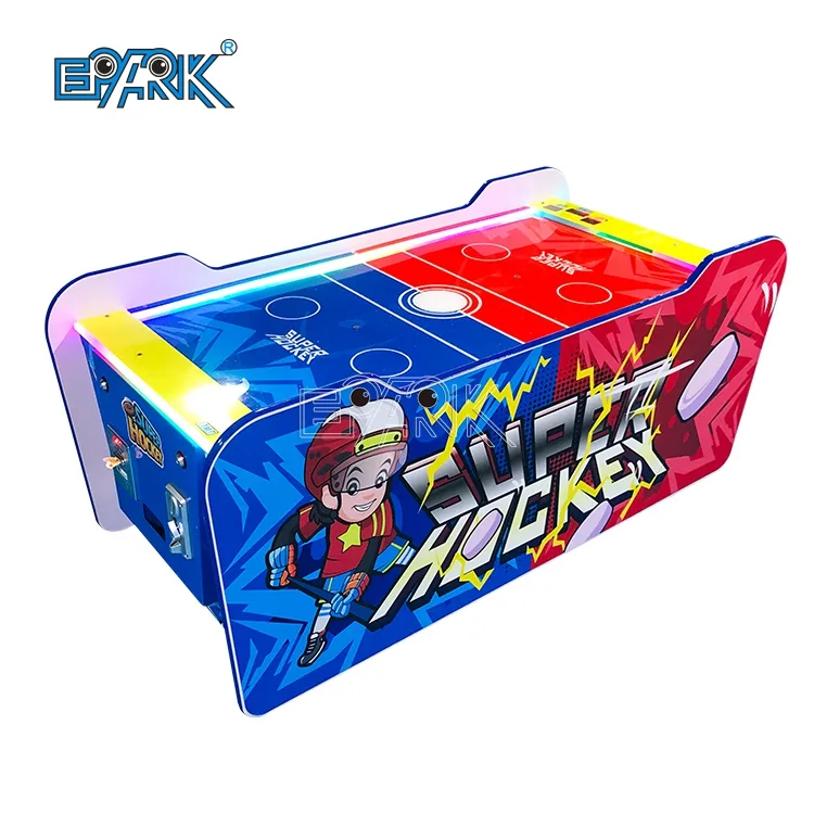 Compact red and blue two-player air hockey table on a white background
