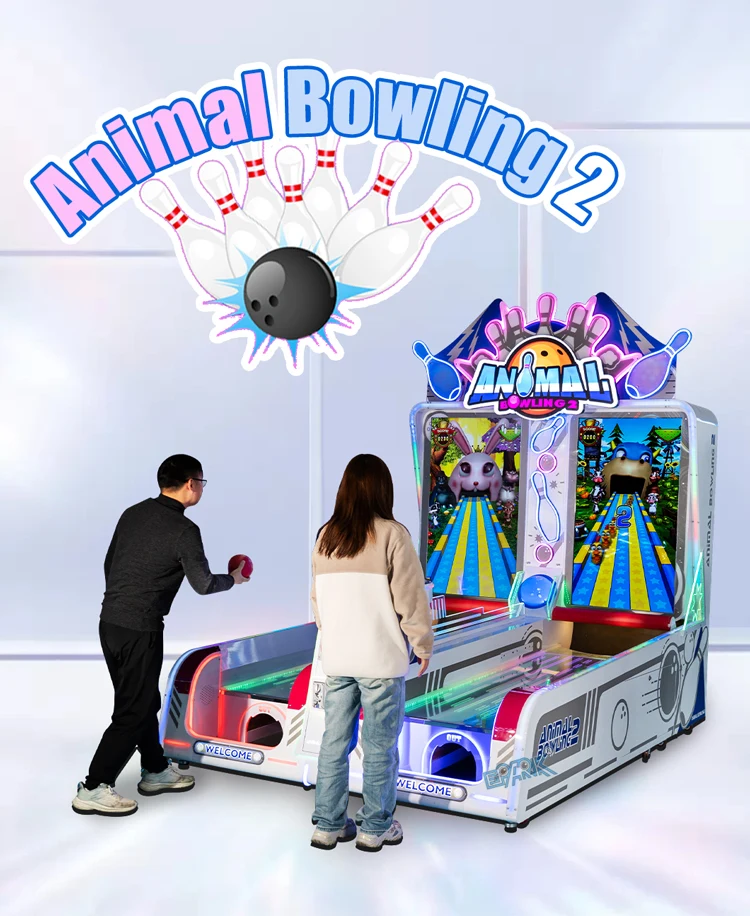 Two players rolling balls on the dual-lane bowling arcade machine