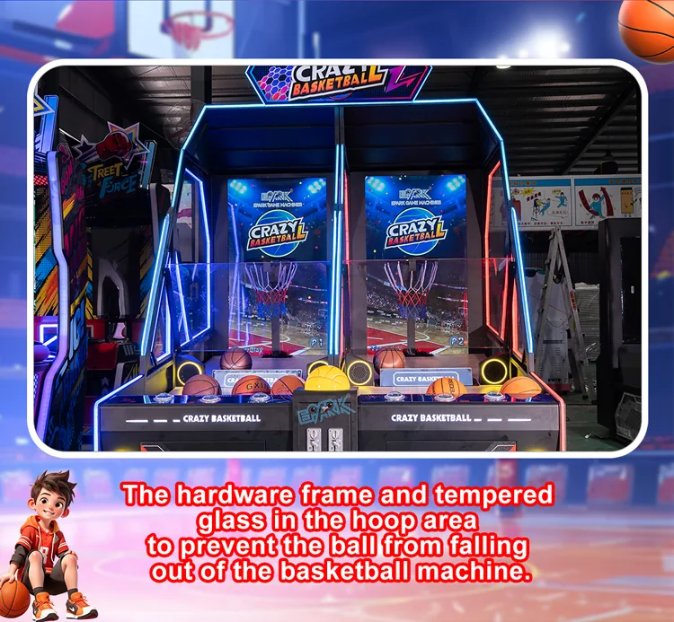Dual basketball lanes, safety enclosure and tempered glass frame details