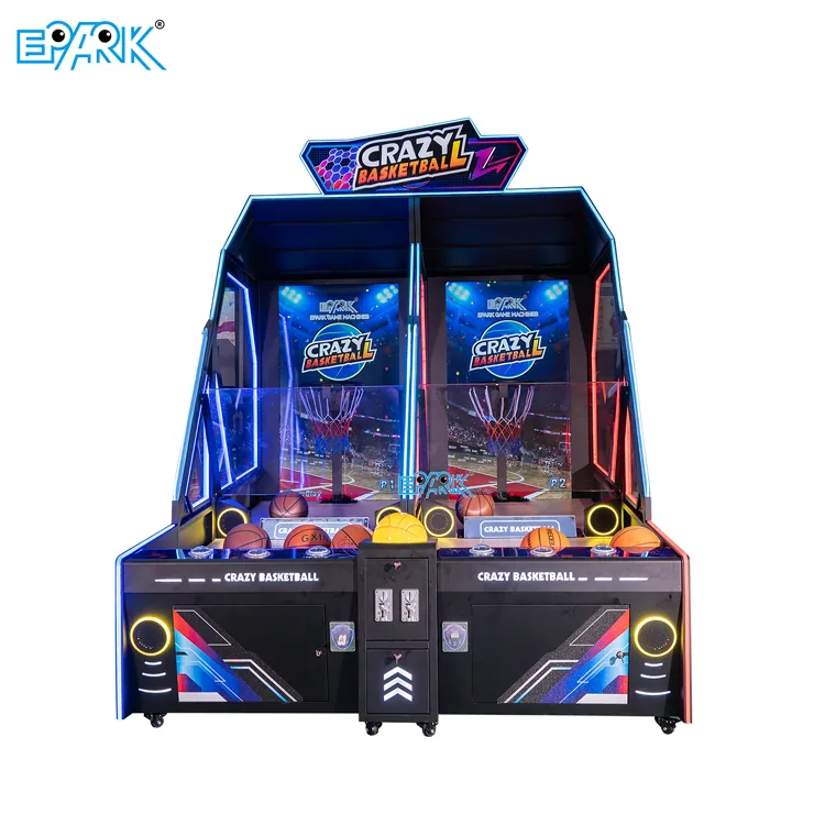 Front view of a dual-player interactive basketball arcade machine