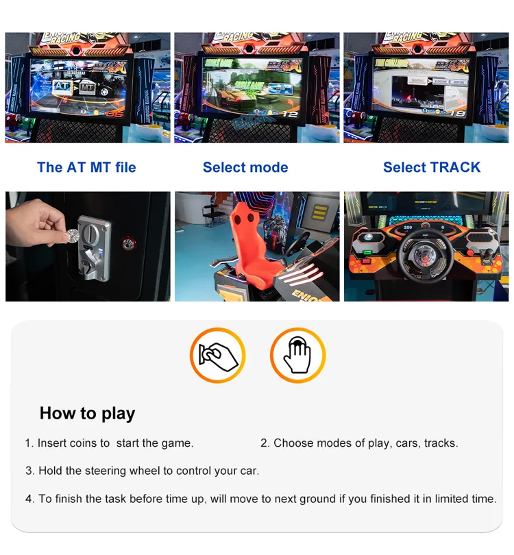 Enjoy Racing game selection screens, coin control, seat and steering wheel details