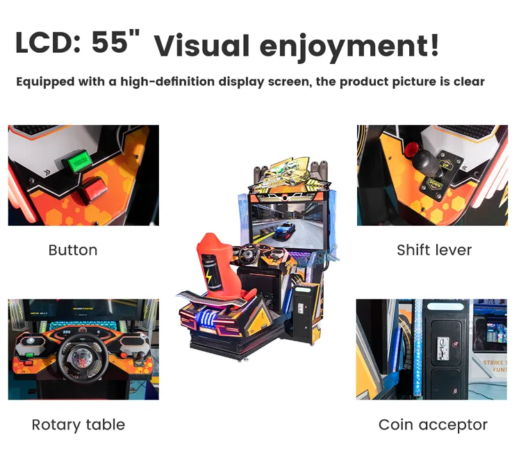Enjoy Racing 55-inch screen, steering wheel, shift lever, button and coin acceptor details