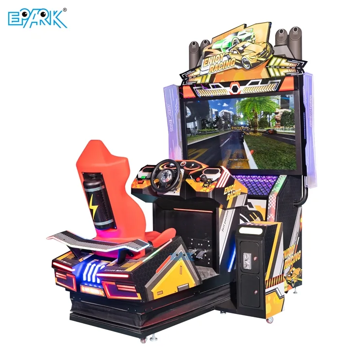 Single-player dynamic motion racing arcade simulator with an orange seat and 55-inch screen