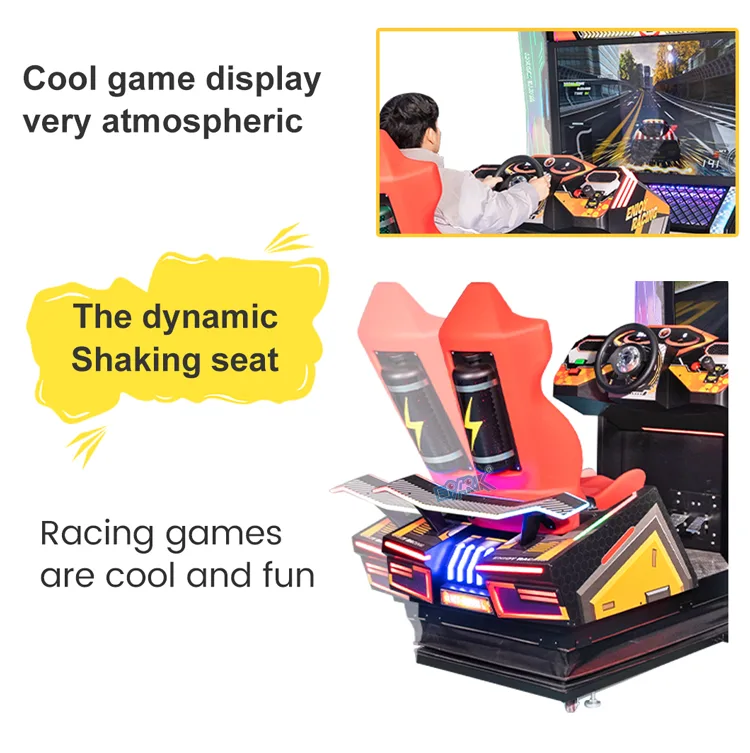 Player using the steering controls on the Enjoy Racing dynamic simulator