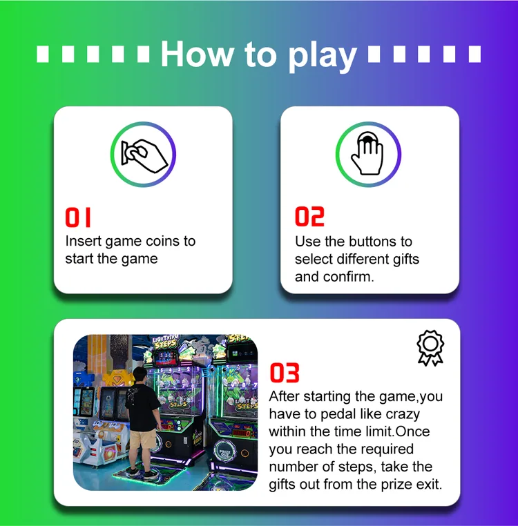 Three-step operating instructions for the foot-controlled prize challenge machine