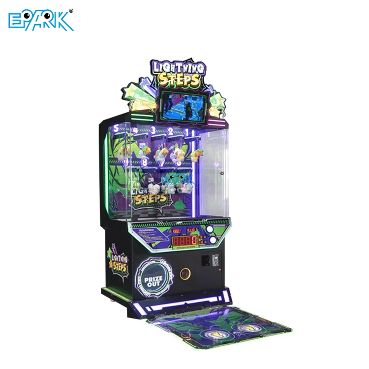 Foot-controlled prize challenge arcade machine with an illuminated step platform