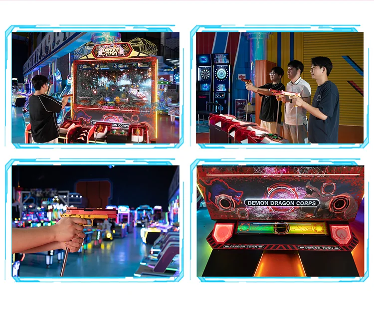 Players using the gun controls and selecting games on the 85-inch display