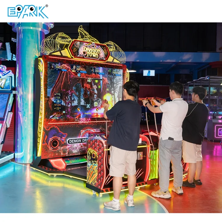 Four players using the large-screen monster shooting arcade game