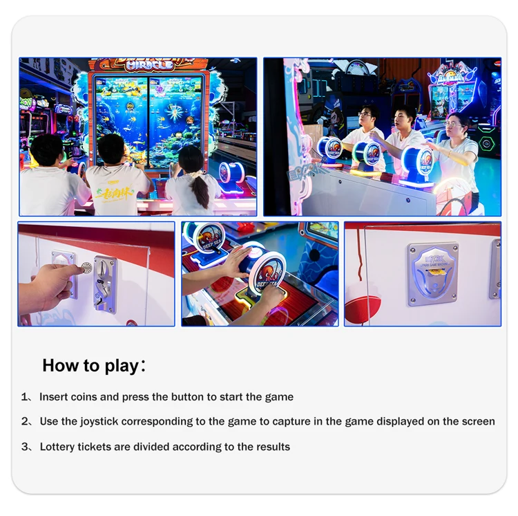 Four-player fishing game with player, joystick and coin-control close-ups
