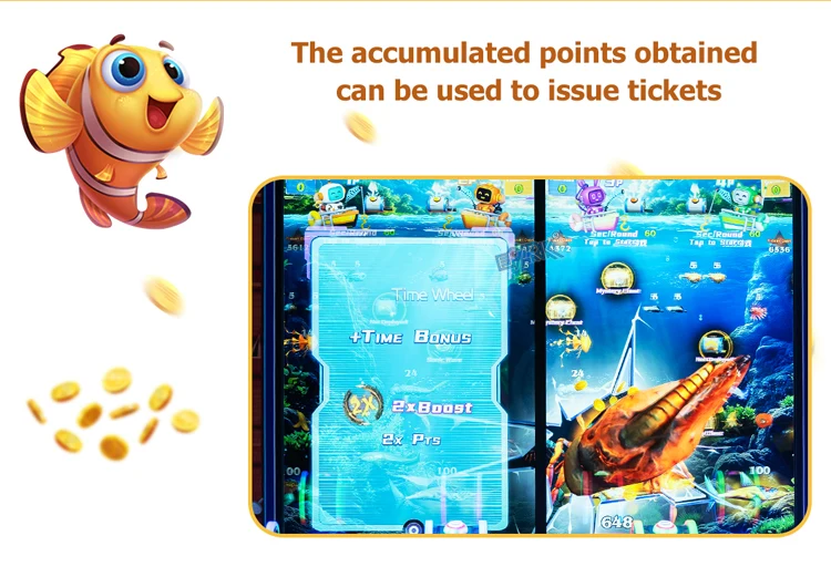 Fishing score and ticket bonus screens from the dual-display arcade machine