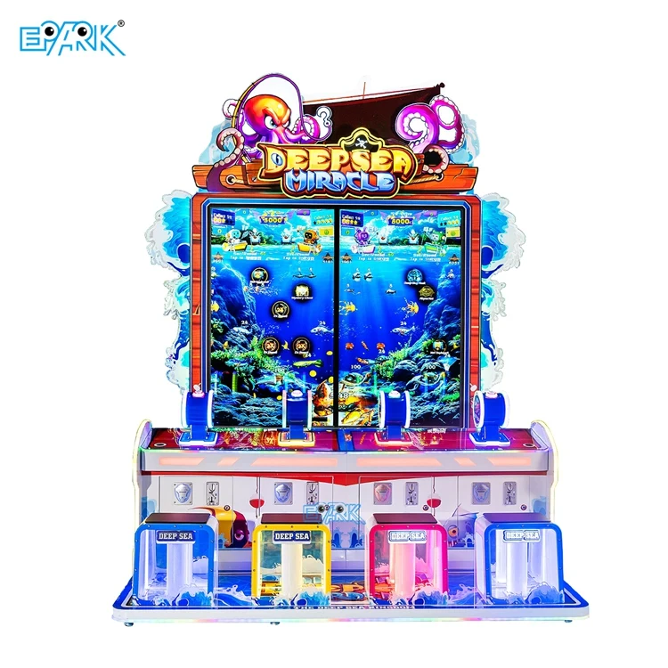 Front view of a four-player fishing arcade machine with two displays