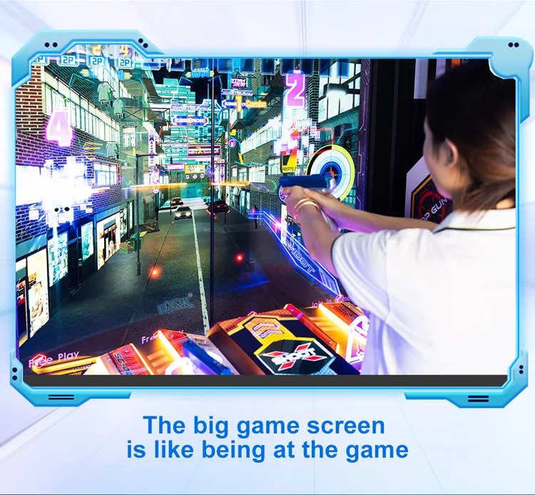 Player using a mounted gun in front of the large target shooting display