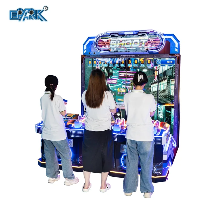 Four players using the dual-screen target shooting arcade game