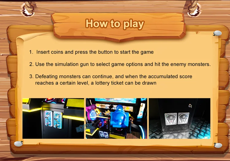 Coin controls, shooting seat and ticket-system gameplay instructions
