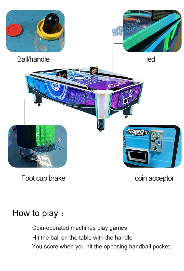 Striker, goal and coin-operated controls on the commercial air hockey table