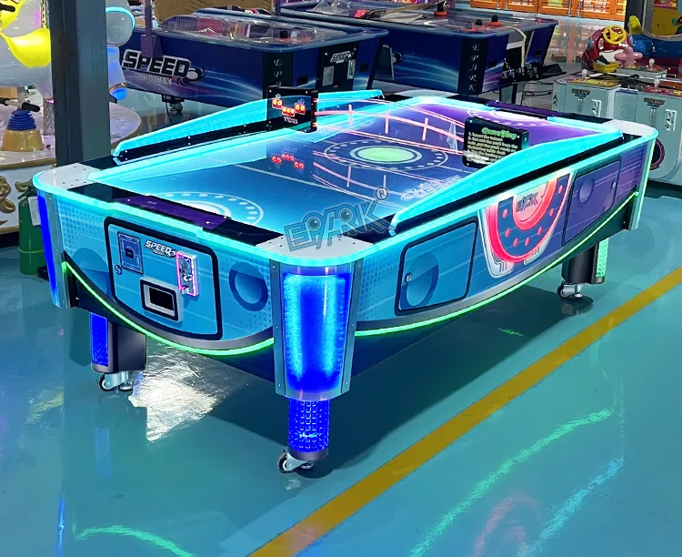 Heavy-duty air hockey table illuminated on a showroom floor