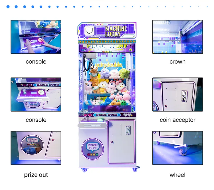 Control console, illuminated crown, coin acceptor and prize outlet details