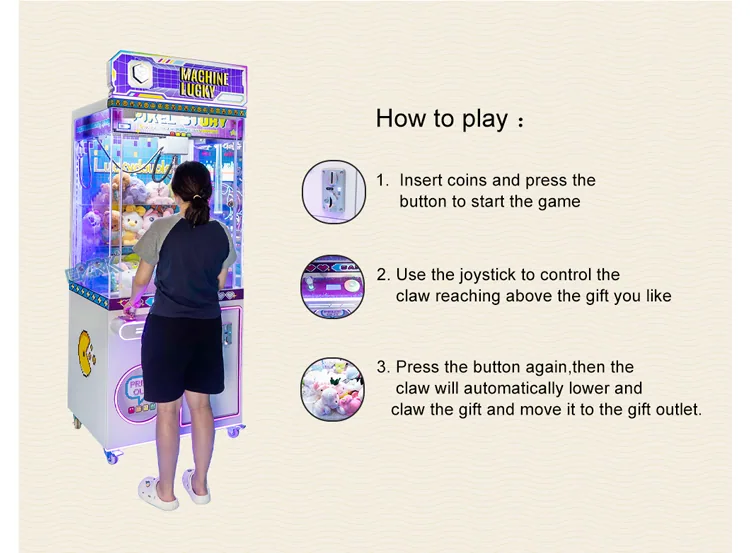 Three-step joystick and claw instructions for the illuminated toy claw machine