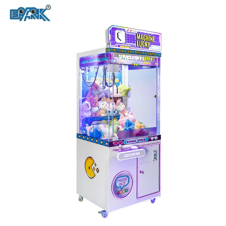 Illuminated purple and white toy claw machine with a transparent prize cabinet