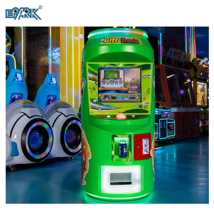 Green interactive drink gift vending game machine in an arcade showroom