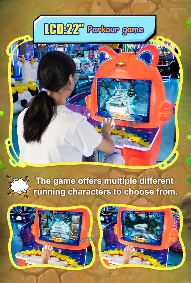 Player using the joystick parkour machine with examples of running characters