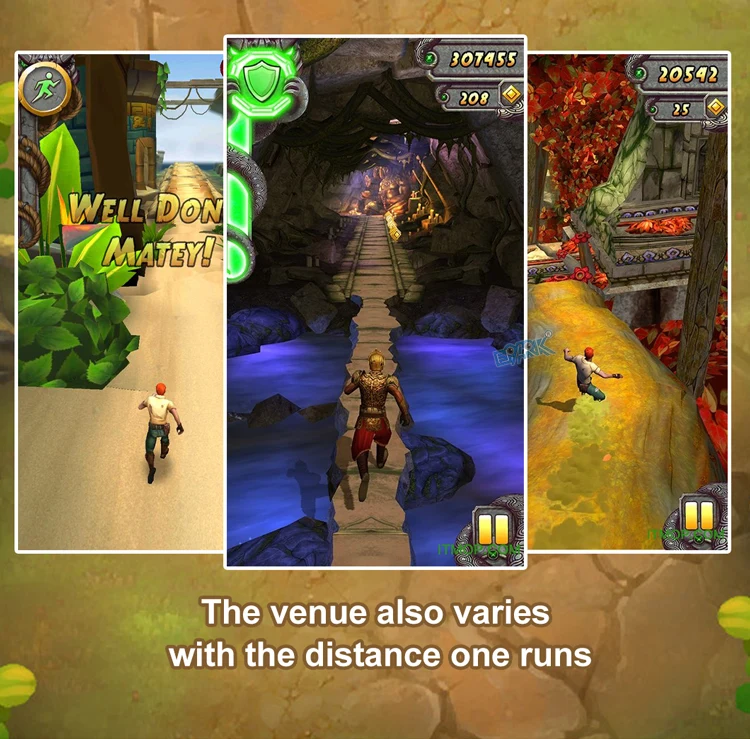 Running game screenshots showing different obstacle scenes