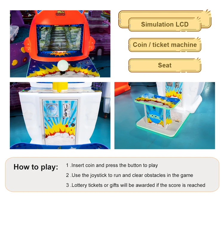 Parkour arcade machine controls, seat and coin entry with gameplay instructions