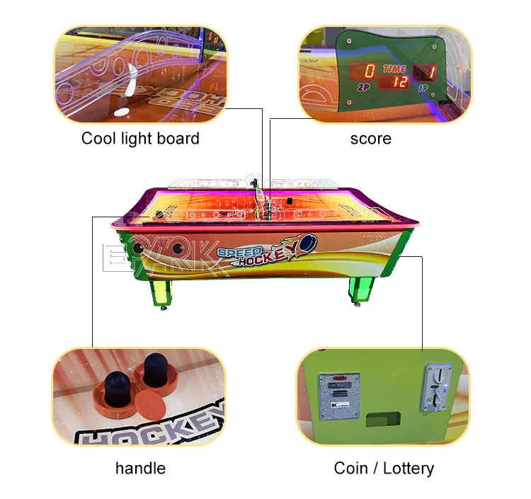 Illuminated playfield details on the curved air hockey table