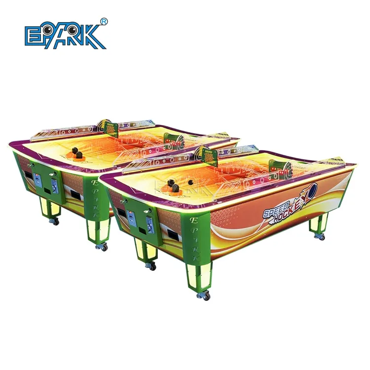 Large curved air hockey table shown from the left front angle