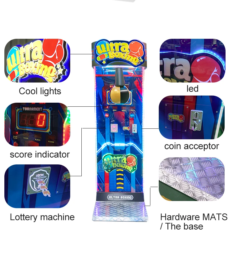 Boxing machine lighting, score indicator, coin acceptor and standing platform details