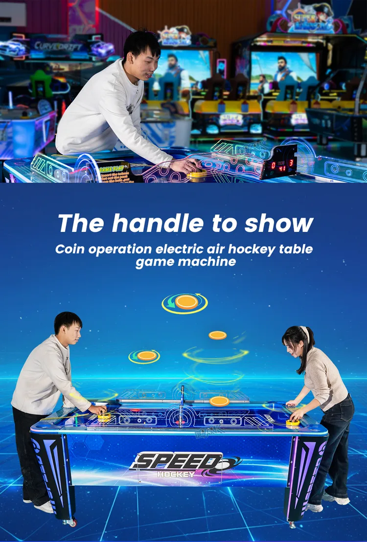 Two players competing on the modern coin-operated air hockey table