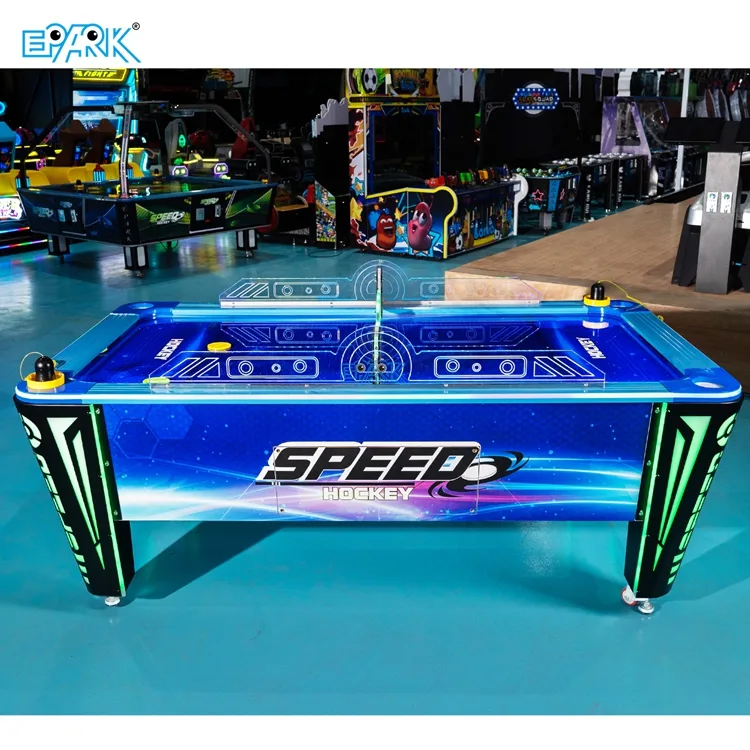 Front showroom view of a modern coin-operated air hockey table