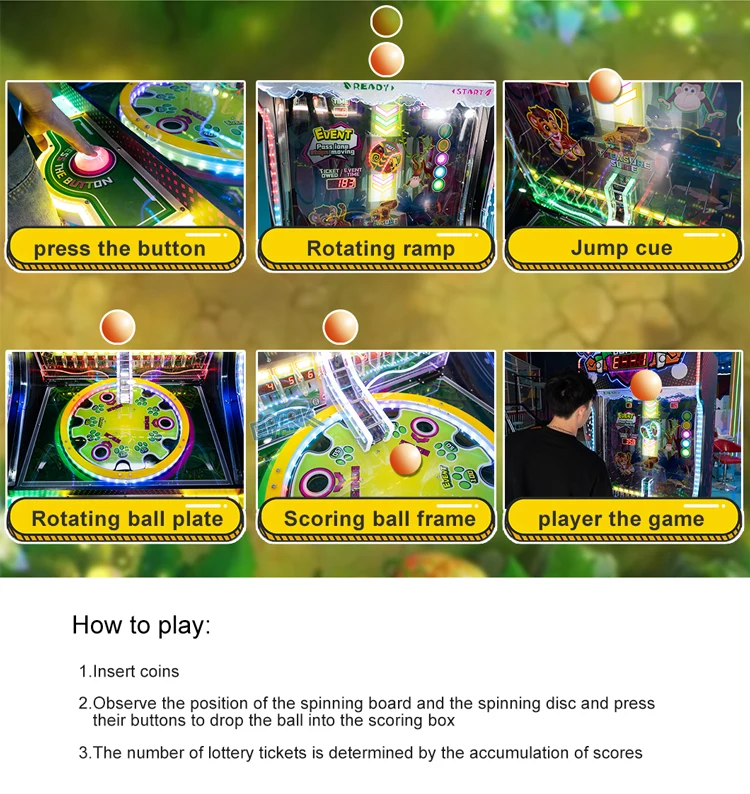 Ball drop game button, rotating ramp, ball plate and scoring details