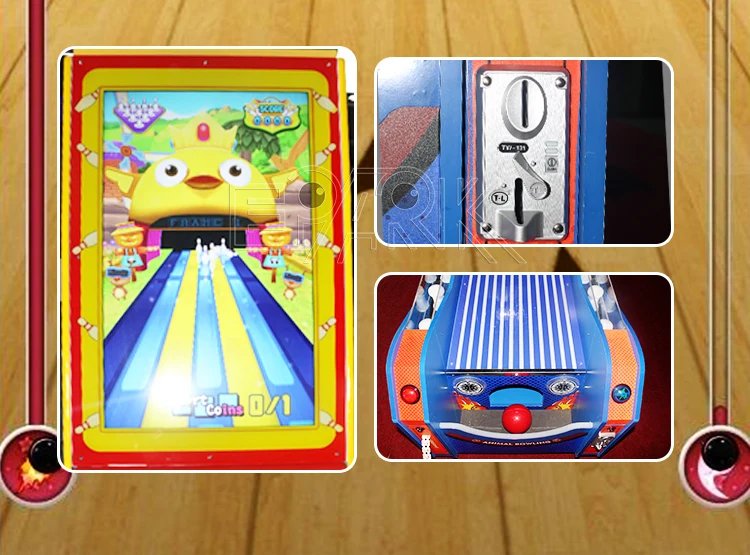 Bowling arcade screen, coin control and illuminated lane details