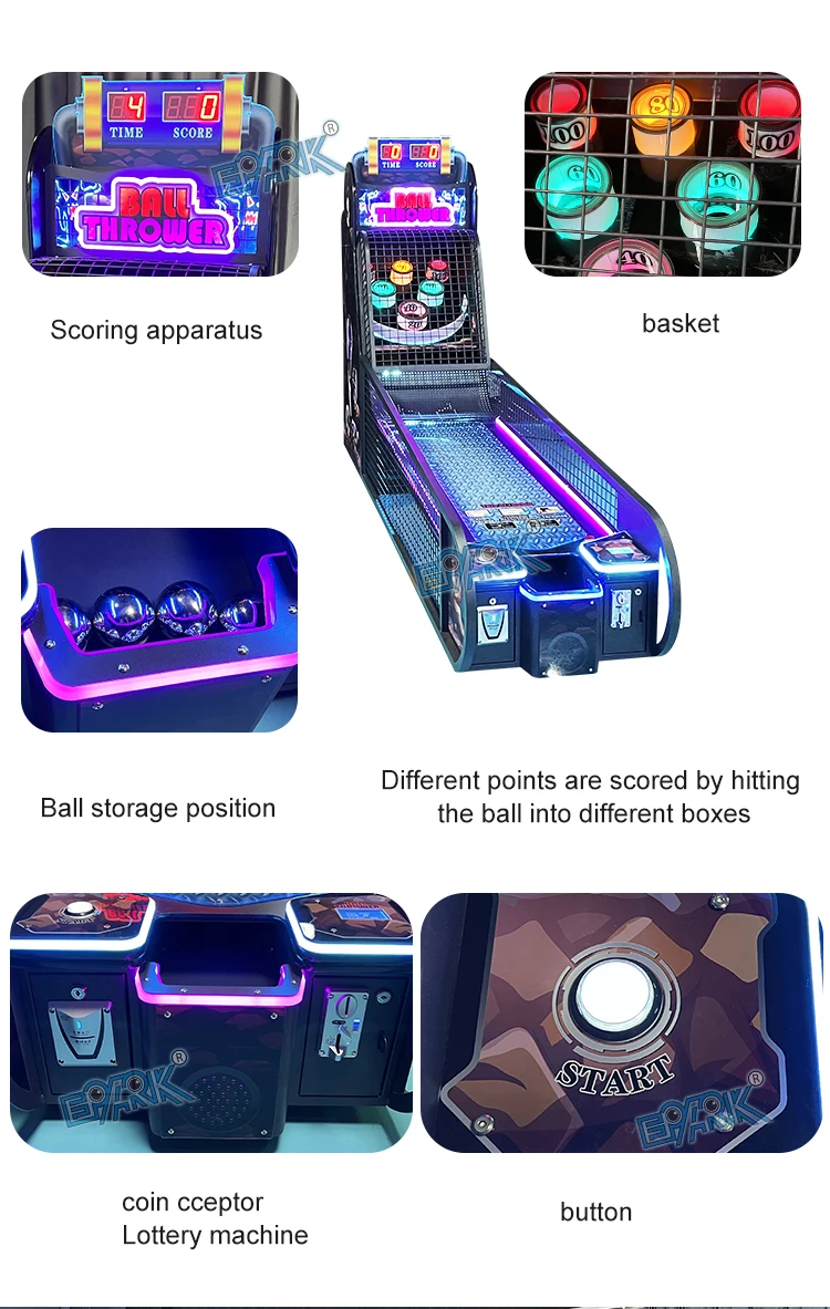 Scoring display, target baskets, ball storage, coin acceptor and start button