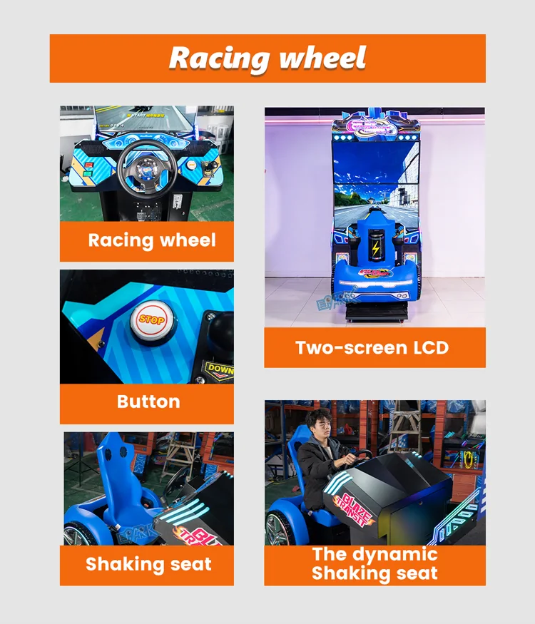 Steering wheel, start button, dynamic seat and dual-screen details of the racing simulator